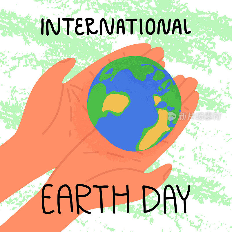 International Earth Day banner. A person carefully hold Planet Earth on palms of the hands, textured background. Green environment, uniting to fight with ecological disaster, global climate changing
